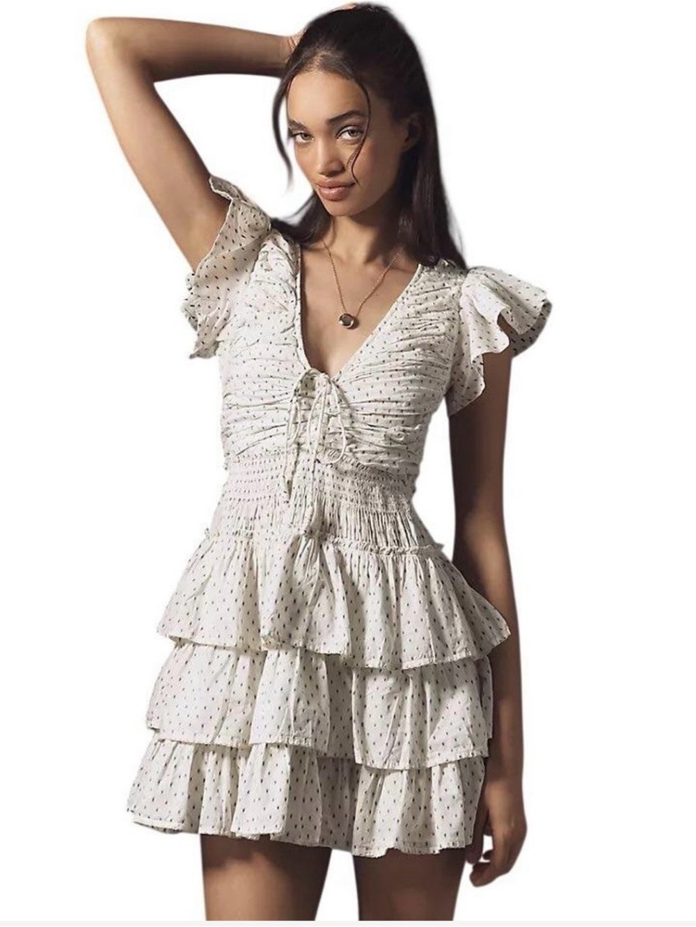 NWT Anthropologie Tiered White Smocked Mini Dress with Ruffle Sleeves size S.